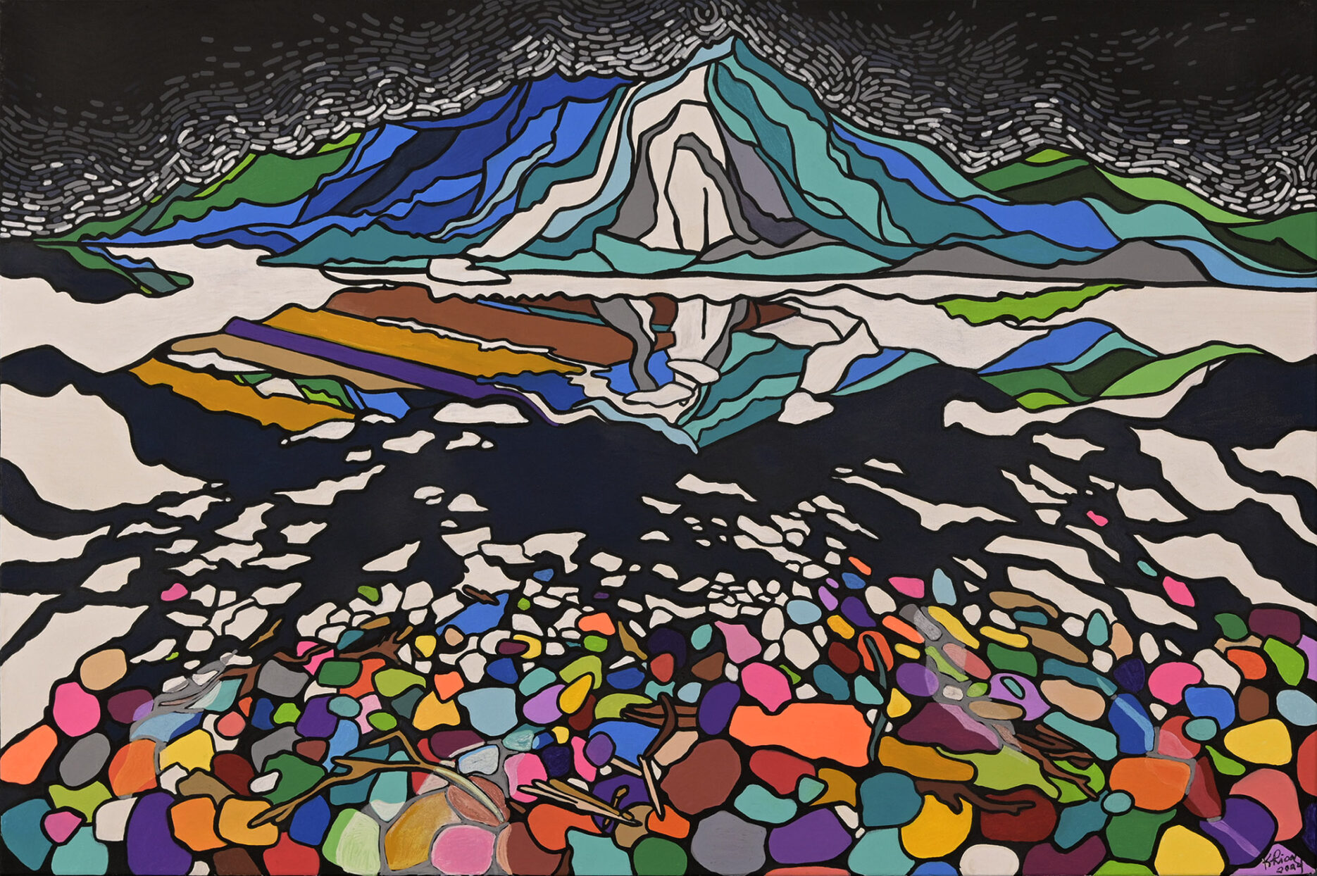 Lac bleu sur fond glacé